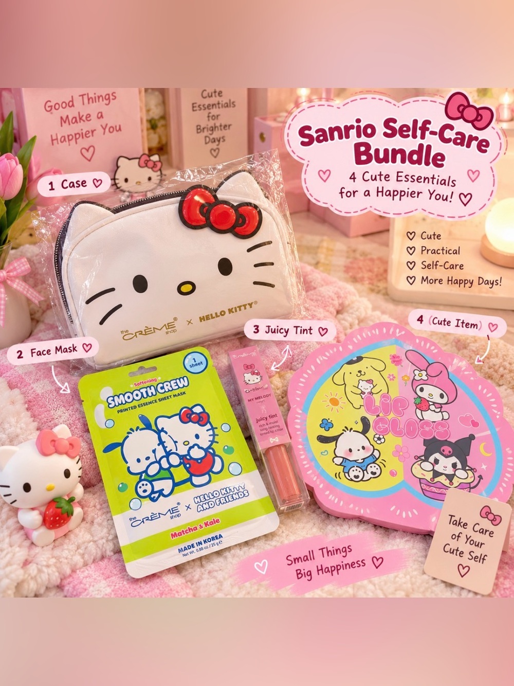 Hello Kitty Pink Sanrio Self-Care Bundle - Cosmetic Case & Face Mask Set
